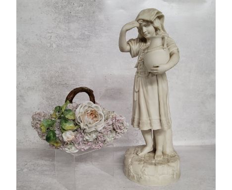 A Robinson &amp; Leadbeater Parian ware figure of a young female water carrier; a continental ceramic flower encrusted basket