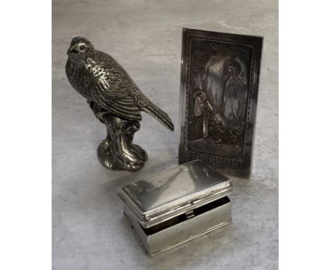 A white metal snuff box enclosing a hinged covered compartment, signs of gilding to inside 33.24g; etc. 
