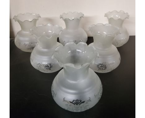Six opaque etched glass lamp shades: approx 15cm heigh x 12.5 cm in dia 