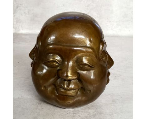 A large Brahma Hindu medium bronze four face Buddha sculpture, with various facial expressions, on circular foot, four charac