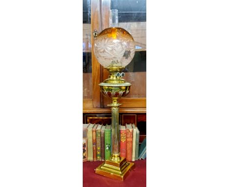 A substantial Victorian highly polished brass oil lamp with shade c.1880 
