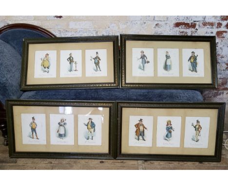 Twelve late 19th century / early 20th century lithograph characters from The Old Curiosity Shop, Charles Dickens mounted in f