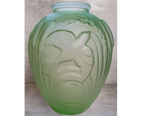 A Rene Lalique style green Uranium&nbsp;glass amphora shaped vase decorated in relief with bullrushes and birds 38cms high c1