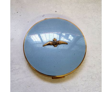 A vintage RAF Stratton compact, sky blue enamelled cover mounted with a winged RAF emblem 