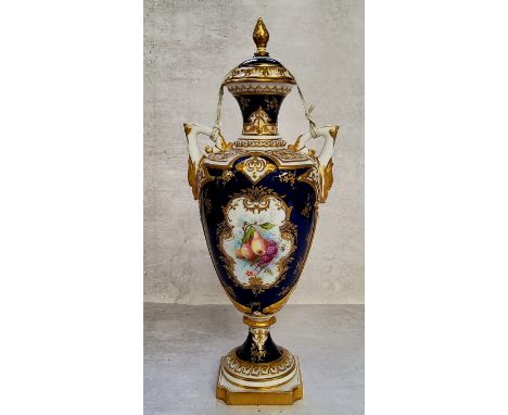 AMENDED DECSRIPTION - A Royal Worcester two handled pedestal slender ovoid vase painted with pears &amp; blackberries within 