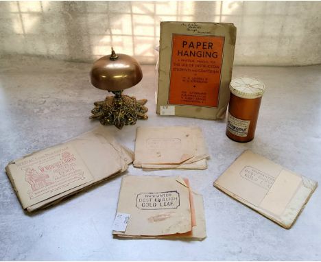 Sign writer's gold leaf booklets with many complete sheets of English gold leaf c.1940; a desk bell and the practical manual 