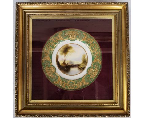 A Victorian Royal Worcester circular plate painted by Harry Davis, signed, Fishing by the Bridge, the green border decorated 