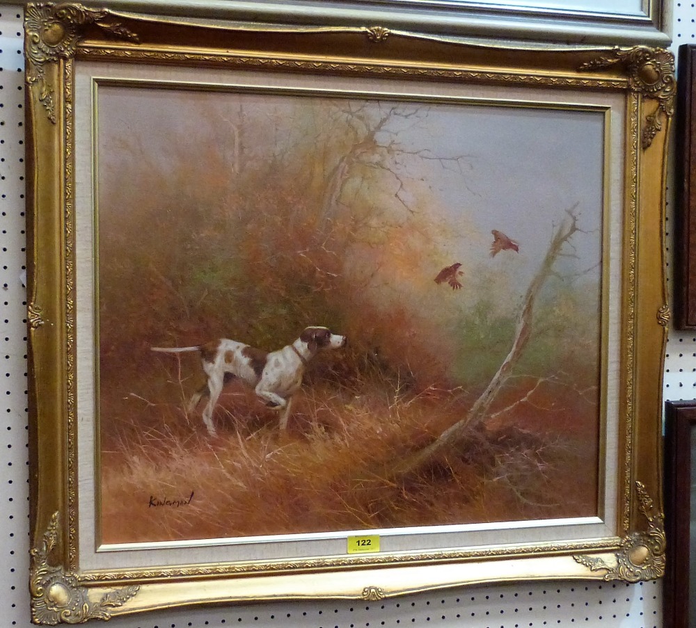 EUGENE KINGMAN 19091975; Gun dog flushing birds. Signed. Oil on canvas