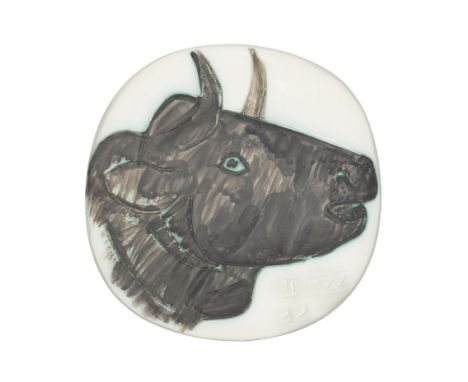 Pablo Picasso (1881-1973)Profil de taureau (Ramié 317) white earthenware ceramic plaque with black oxide and white glazeConce
