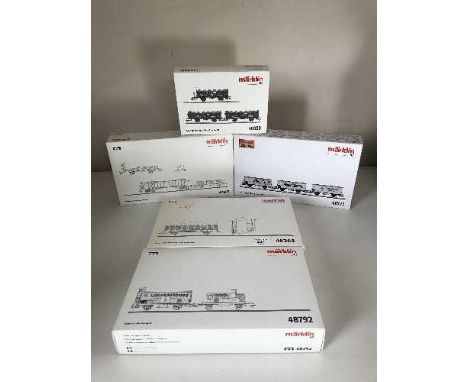Five Marklin assorted train car sets 46365, 48792, 46390, 47901 and 48773 - H O Scale, all parts boxed. 
