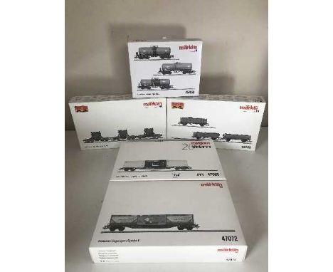 Five Marklin assorted train car sets 46460, 47080, 47072, 46143 and 46098 - H O Scale, all parts boxed. 