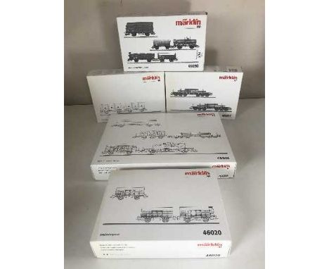 Five Marklin assorted train car sets 48271, 46020, 46090, 48664 and 48801 - H O Scale, all parts boxed. 