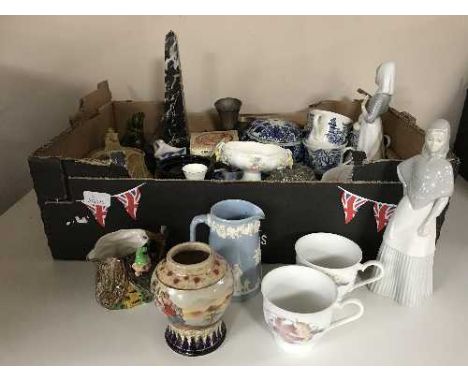 A pair of mid 20th century floral curtains, a pottery planter, two boxes of blue & white dinner ware, Spanish figures, plated