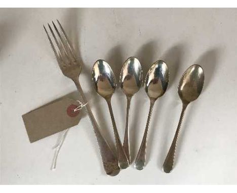 Four silver table spoons and a silver fork, 5.1oz