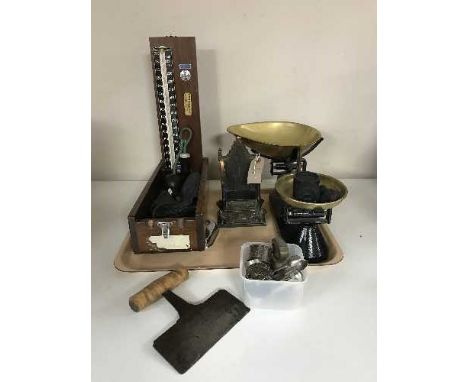 A tray of Viking kitchen scales with weights, boxed Dr pressure cuff, metal money box throne, plated pieces etc 