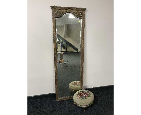 A gilt framed hall mirror and a stool 