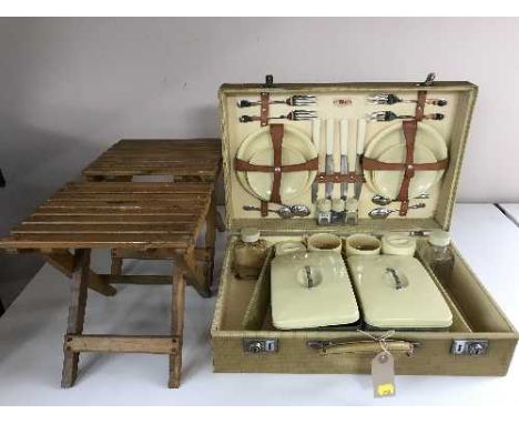 A mid 20th century Sirram cased picnic set and two folding wooden stools 