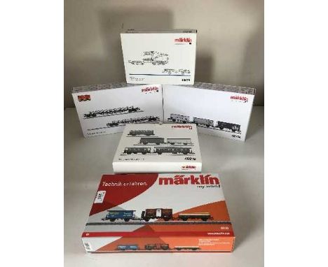 Five Marklin assorted train car sets 44140, 48674, 48816, 48774 and 47030 - H O Scale, all parts boxed. 