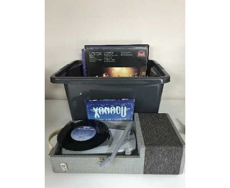 A box of LP records and 45's - Michael Jackson. Marvin Gaye etc and a miniature Ear table top record player 