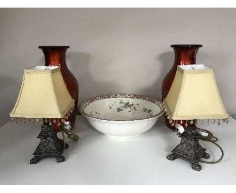 Two boxes of china, meat plates, dinner ware, two red vases, table lamps, china basin etc 