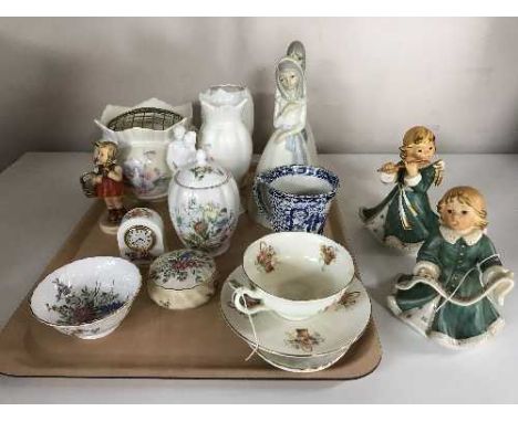Three Goebel figures, Coalport Moments figure, Aynsley pieces, Adams mug, Spanish figures etc 