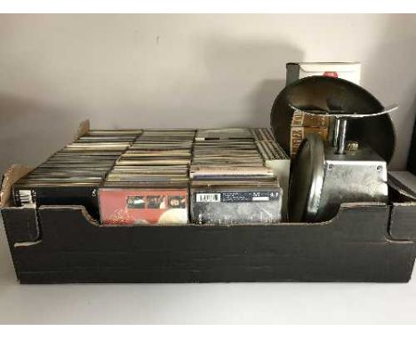 A box of Cds, camera accessories, scales & weights, Dyson DC 25 vac cleaner 
