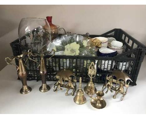 Three boxes of table cutlery, tea china, anniversary clock, glass ware, brass etc 