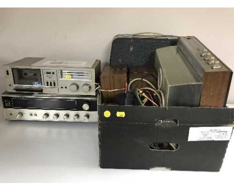 Sharp stereo cassette desk, Fisher receiver, box of Philips record player and speakers, Realistic tape control centre etc 