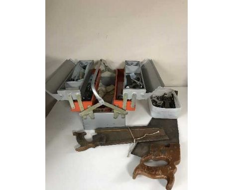 A pine joiner's tool box of hand tools, metal tool box and tools, basket of hand saws, drill etc 