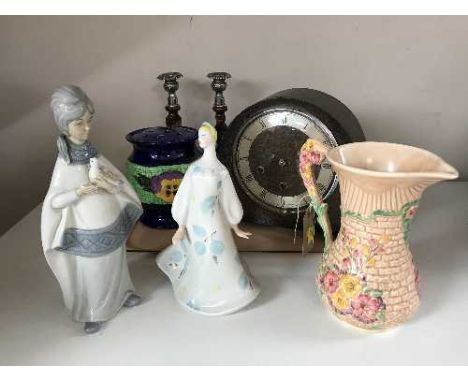 A tray of Smiths mantel clock, candlesticks, Maling flower holder etc 