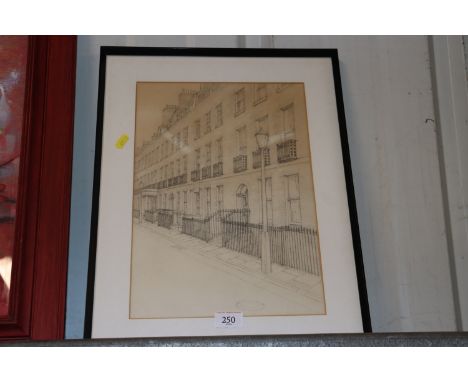 A framed and glazed pencil sketch depicting a London street scene 