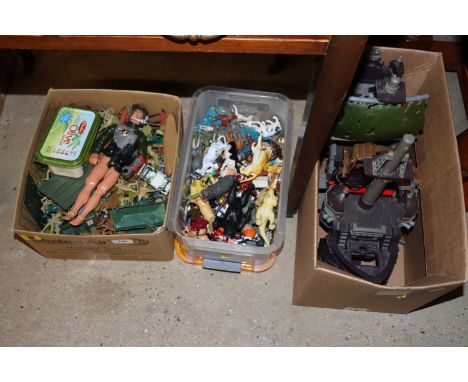Three boxes of various toys to include plastic soldiers, Action Man, farmyard toys etc. 