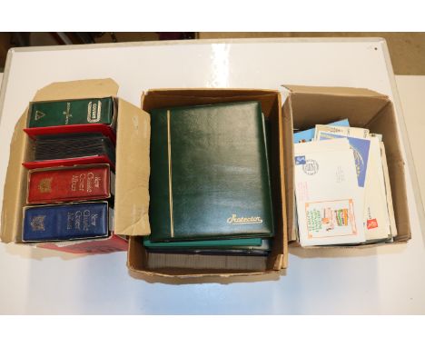 Three boxes containing various post-cards and First Day covers etc. 