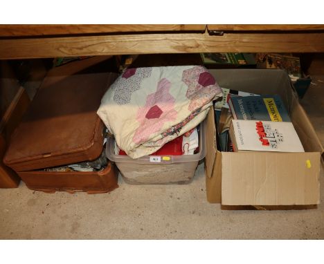 A box of various books and a suitcase of various materials and curtains, rug, vintage cap etc.
