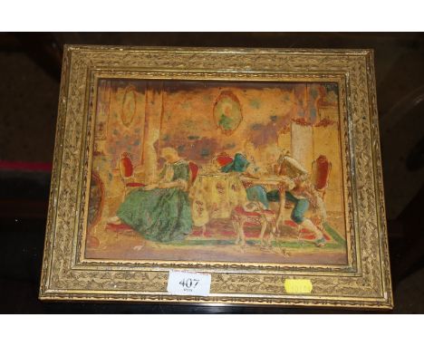 An overpainted print on panel contained in gilt frame 