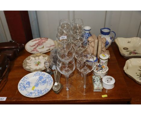A set of twelve hock glasses; a 19th Century blue and white porcelain jug; various trinket boxes; decorative plates etc.