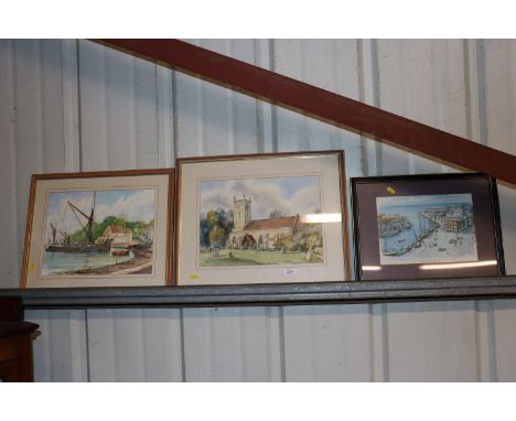 J. Bunn, watercolour study of Langham St Mary church; J.G. Kemp Luck, watercolour study depicting Pin Mill and a framed and g