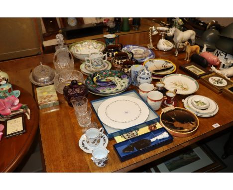 A large collection of various decorative plates, cut glassware, decanter and stopper, silver plated entreé dish, Royal Worces