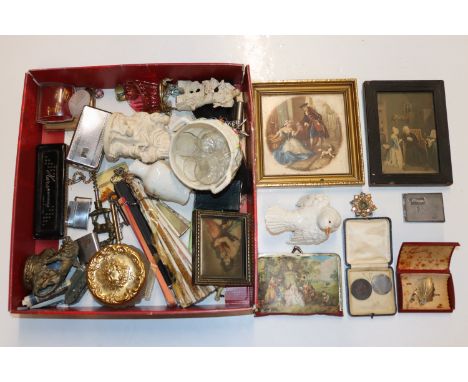 A box containing a gilt framed tile; framed prints; various ornaments; cigarette lighters; costume jewellery etc.