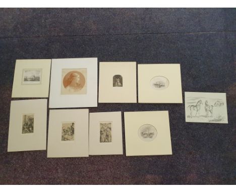 A collection of 8 etchings together with one pencil sketch of horses in a field, to include 'The Clyde', several town or city
