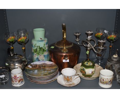 A collection of vintage items including copper kettle, candlestick holder, glasses, coronation ware and display plates.