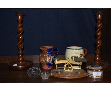 A selection of item including barley twist candle sticks, vintage apothecary scales and more.