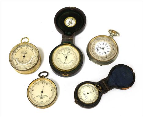 Five pocket aneroid barometers, Lennie, optician, Edinburgh, double-sided, with curved thermometer and compass, Mullard &amp;