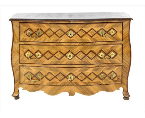 A German walnut and bombé commode, 18th century, with geometric rosewood inlays to the top, front and sides, cast gilt handle
