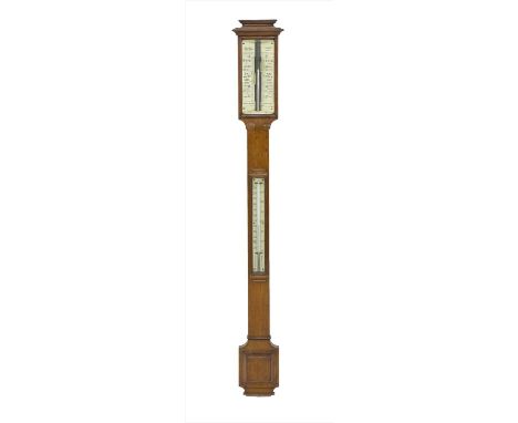 An oak stick barometer, by Ross Ltd, 111 New Bond St, with a double ivory register '10am Yesterday/10am Today', with a thermo