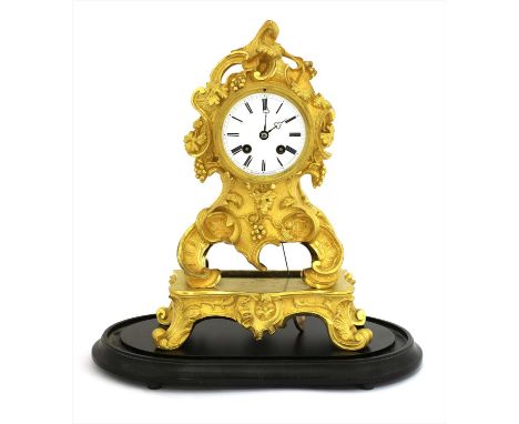 An ormolu mantel clock, 19th century, the white enamel dial inscribed 'Raingo Frères Paris', enclosed by the foliate scrolled