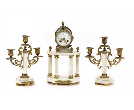 A French clock garniture , late19th century, the drum head movement with an enamelled dial, signed by the retailer, 'A la Ren