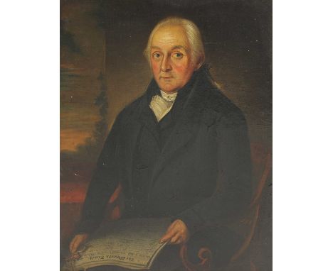 English School, early 19th century PORTRAIT OF A GENTLEMAN, SEATED HALF LENGTH, HOLDING A COPY OF THE WESTERN TIMES Oil on bo