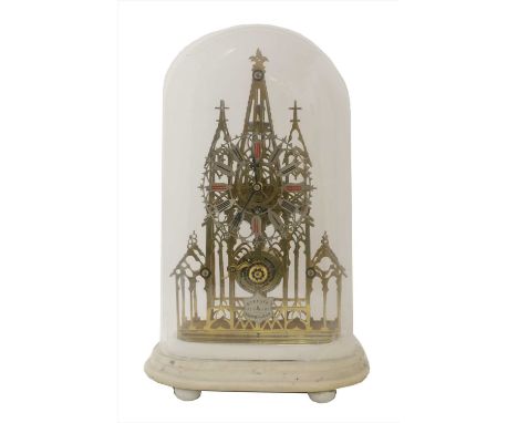 A brass skeleton clock, late 19th century, by William Evans of Birmingham, in the form of a Gothic cathedral, the silvered di