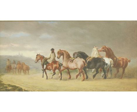Alfred Frank de Prades (c.1820-1890) 'HORSES GOING TO A FAIR' Oil on panel 17.5 x 34cm